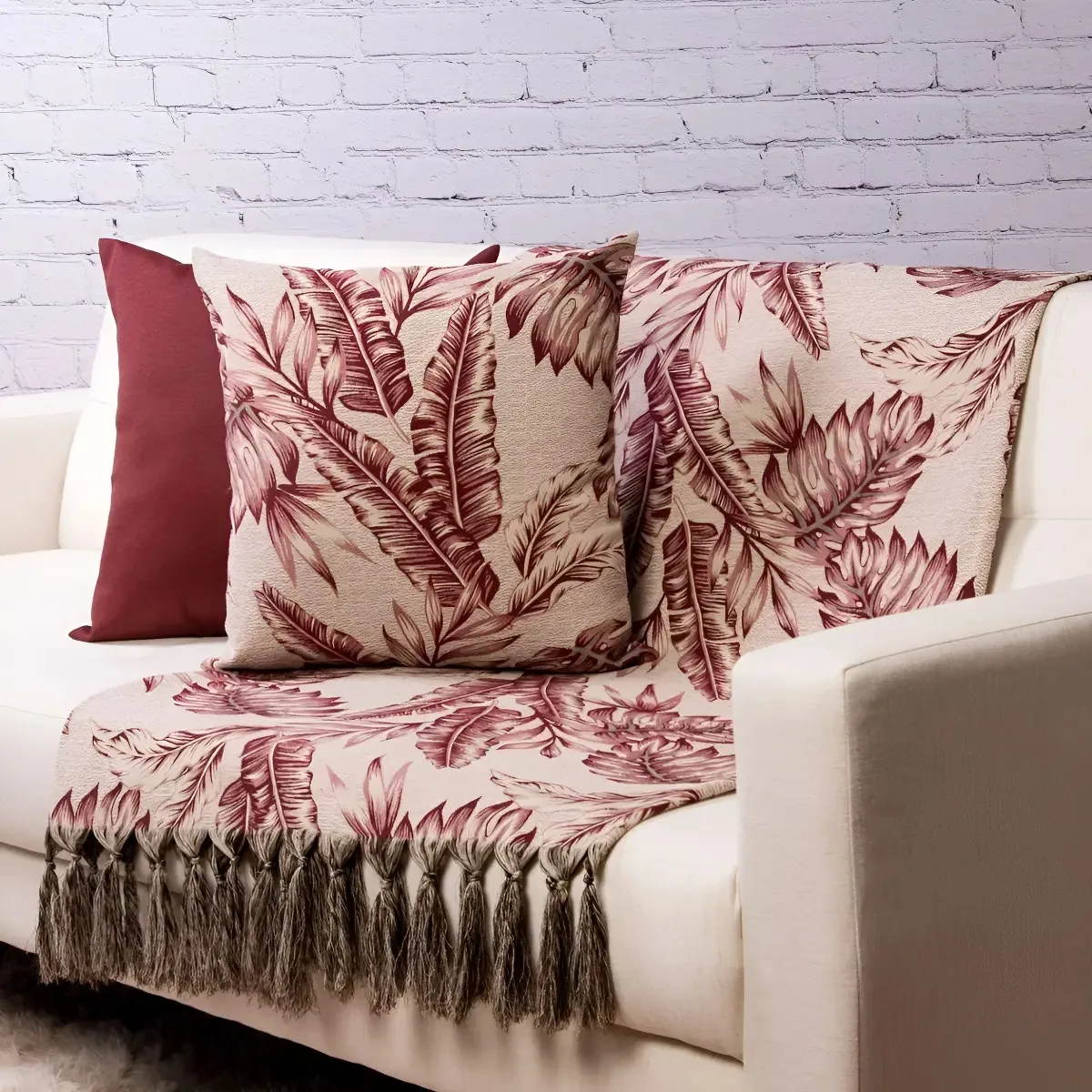 Xale Manta Sofá Jacquard Geometrico Bege 3,00mx1,40m 2 Caps Desenho Tropoical Vinho