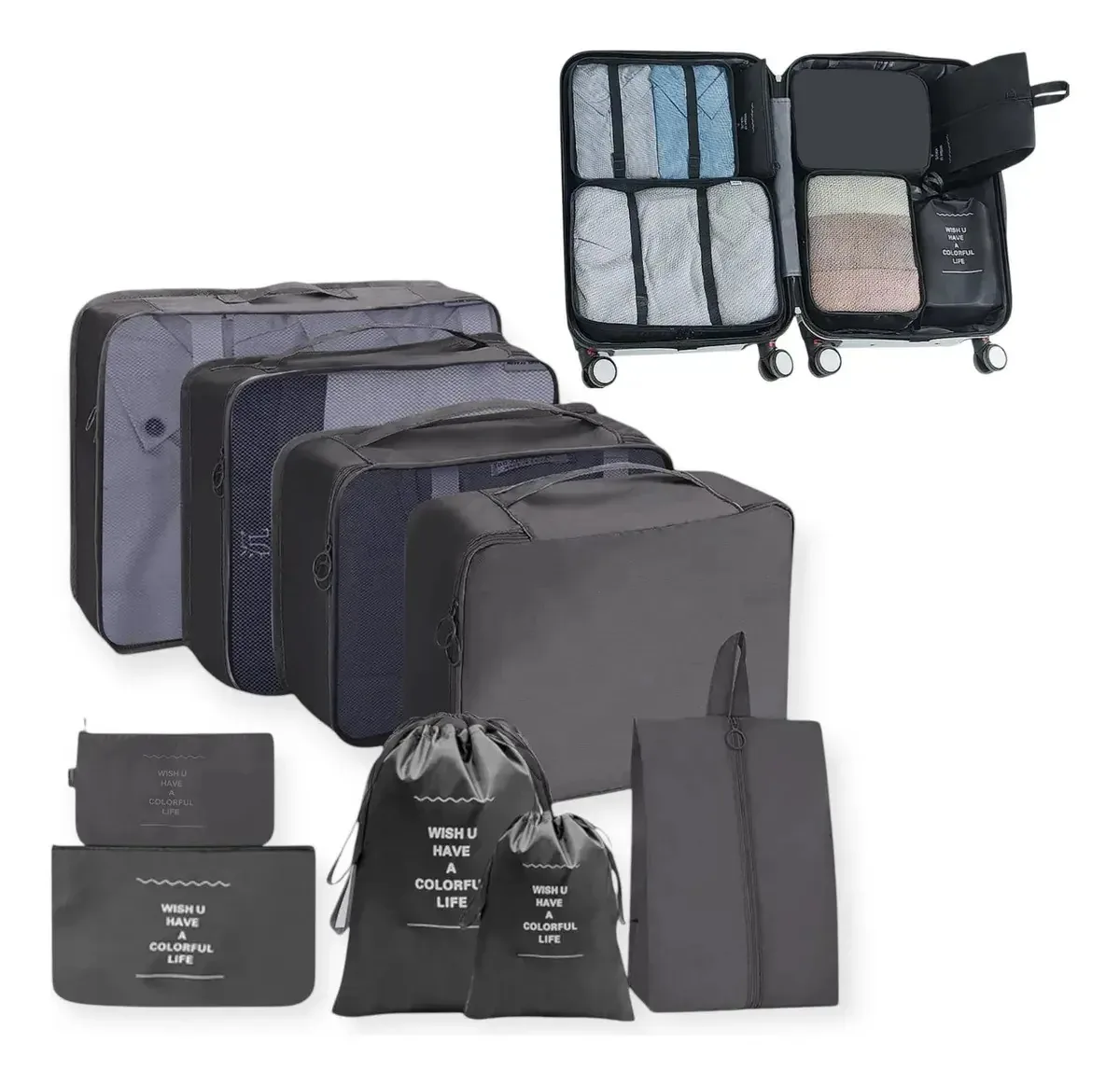 Conjunto organizador de bagagem Proline Black X9 | Sacos de armazenamento de viagem impermeáveis e que economizam espaço para roupas e sapatos