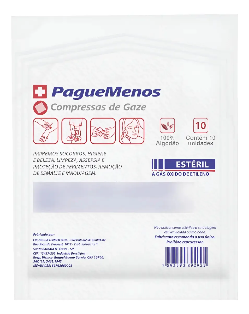 Compressa De Gaze Estéril Texmed 11 Fios 10 Envelopes 100 Un