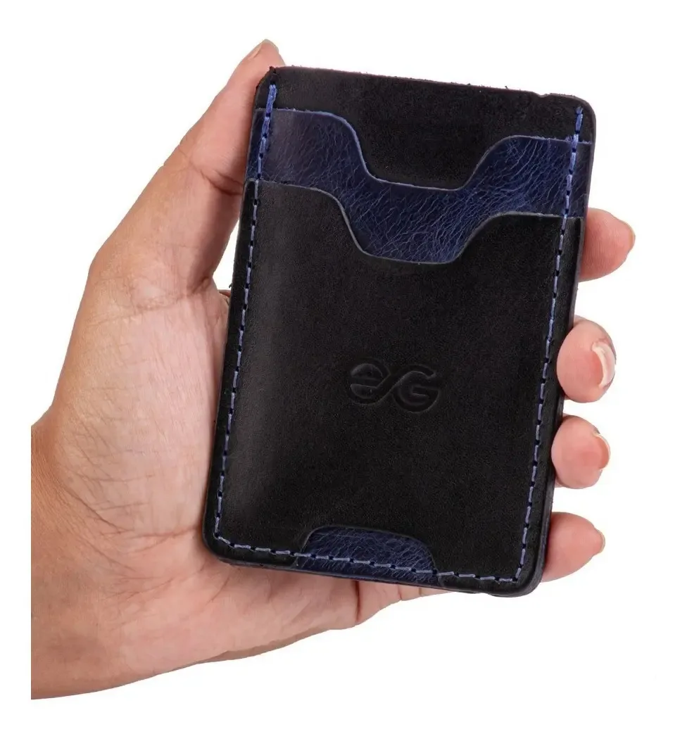 Carteira Mini Cnh/cédulas/cartões Minimalista Couro Legítimo Cor Preto/Azul