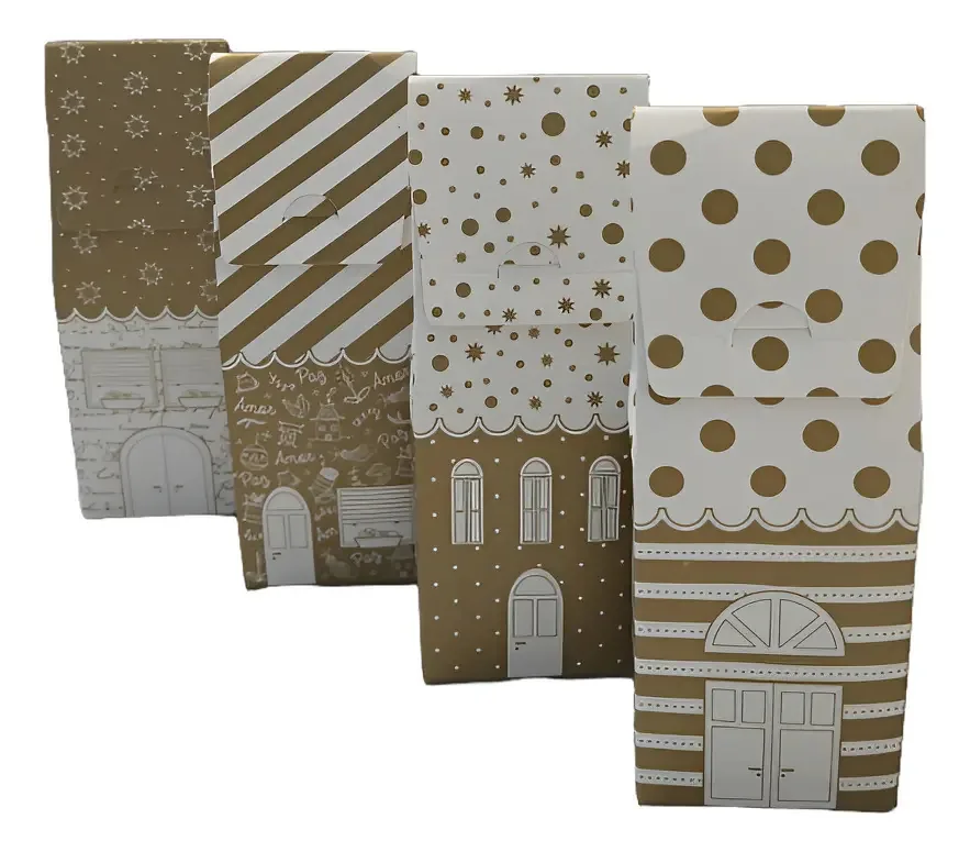 Conjunto de 4 caixas de presente. Motivo Casitas. Sorte. Alparamis Color Gold