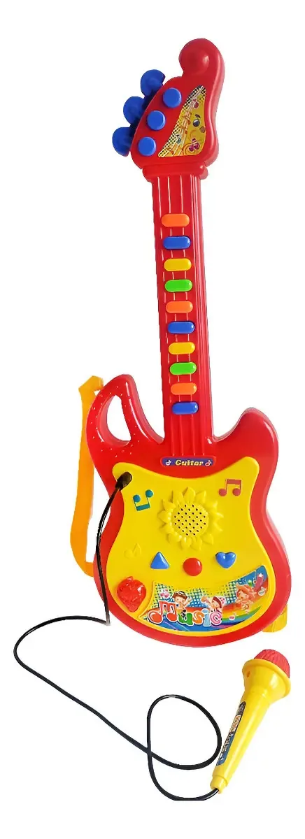 Guitarra infantil: teclas, luzes, melodias, microfone e alça vermelha
