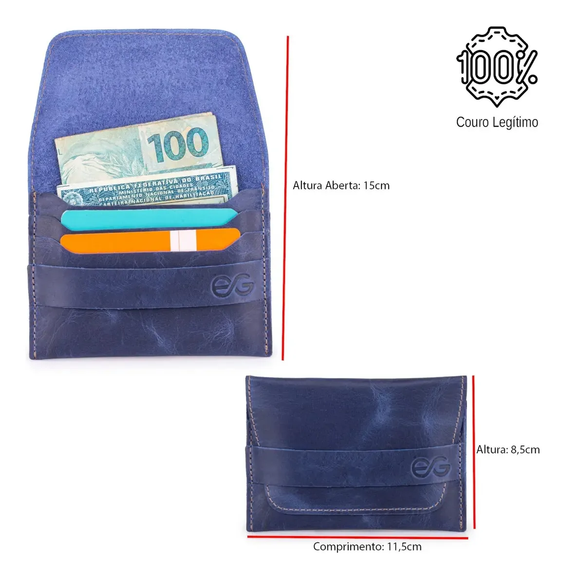 Carteira Masculina Slim Couro Legítimo Cartões/cnh/cédulas Cor Azul