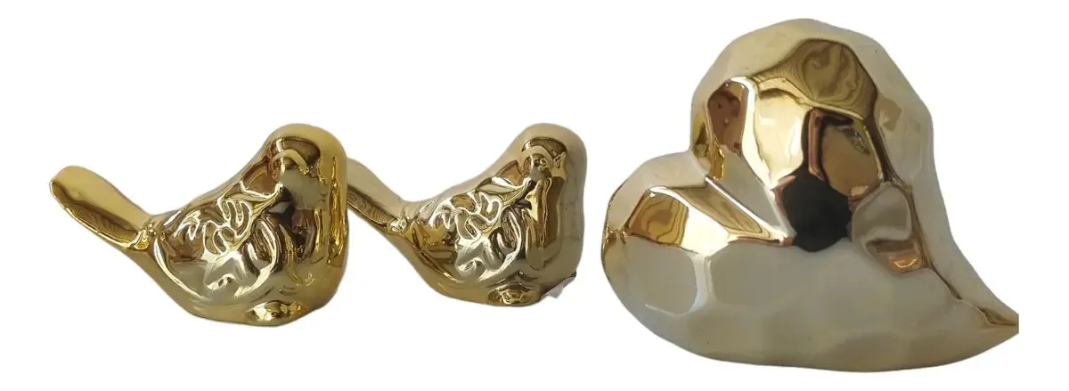 Kit Enfeites Cerâmica 3 Peças Coração E Passarinho Cor Doura Cor Dourado
