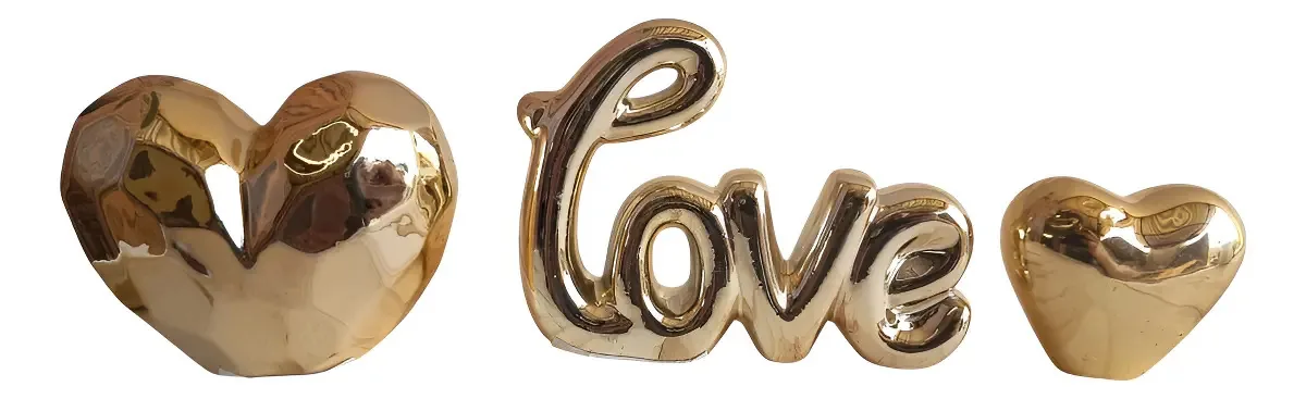Kit Enfeites Cerâmica Miniaturas Love Passarinho Coração Cor Dourado