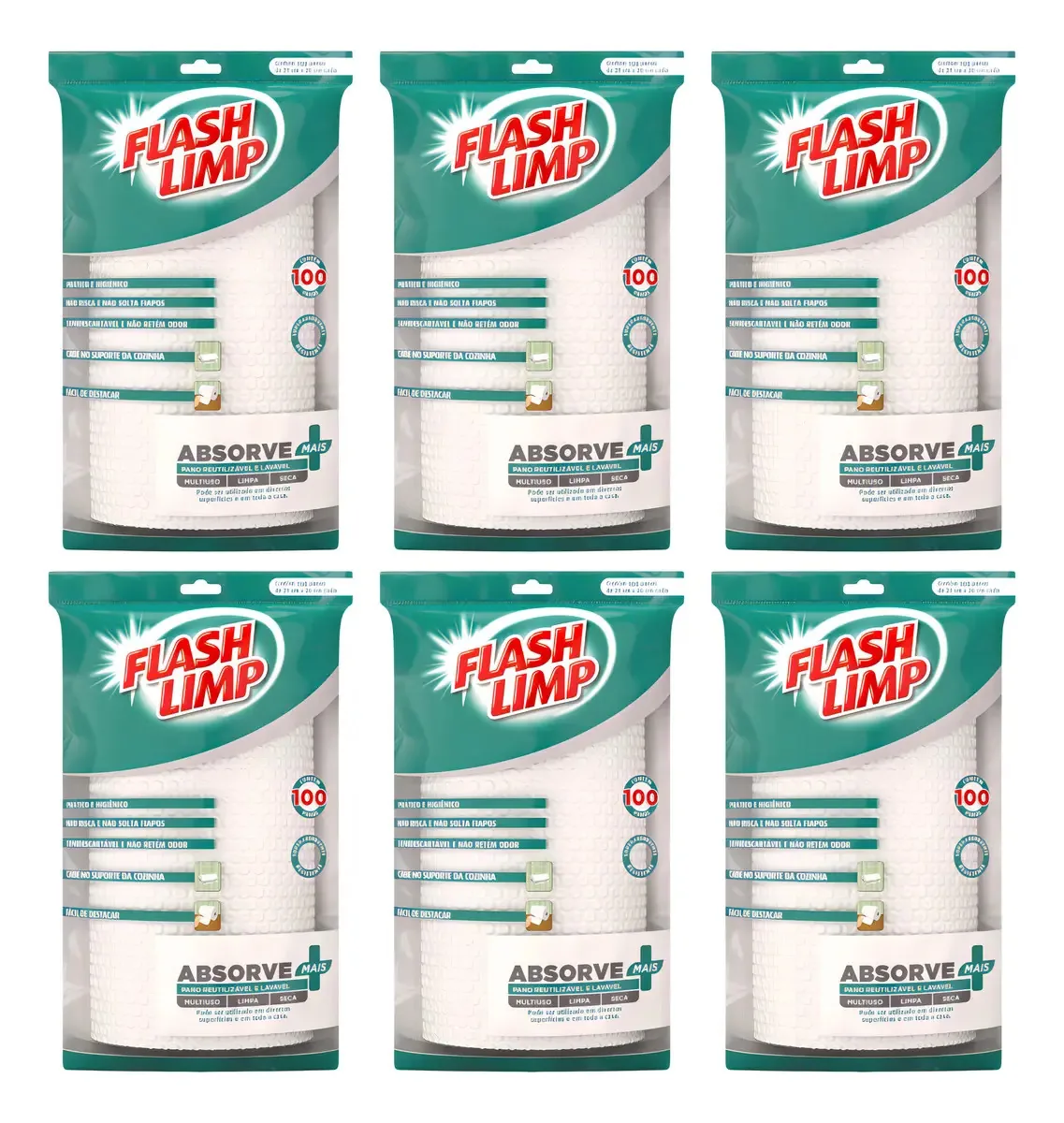 Pano Multiuso Absorvente 6 Rolos 100 Panos Cada 21cm X 20cm