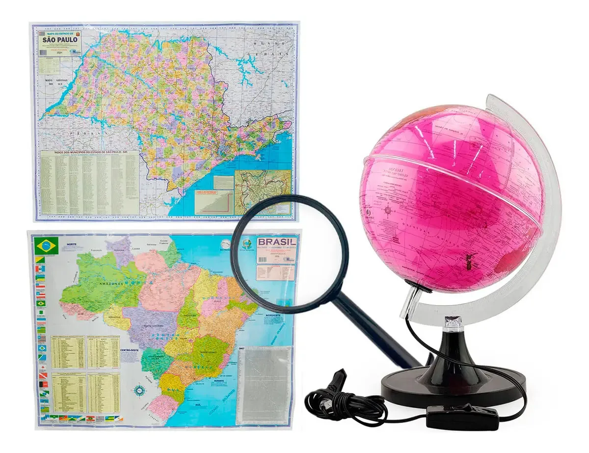 Kit Globo Terrestre Rosa 21cm C/ Led + Lupa + Mapa Sp Br