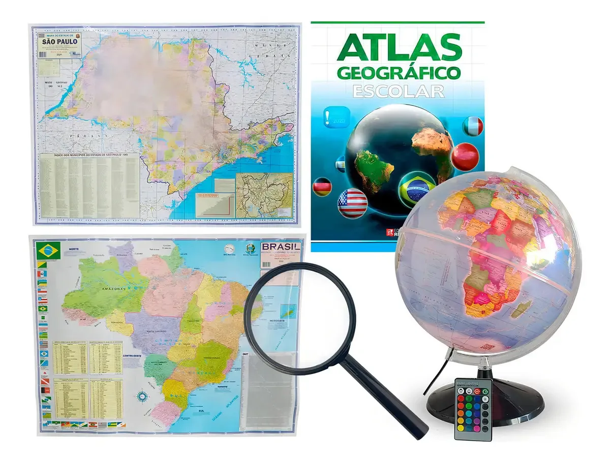 Kit Globo Terrestre Prisma Rgb 30cm + Mapas + Lupa + Atlas