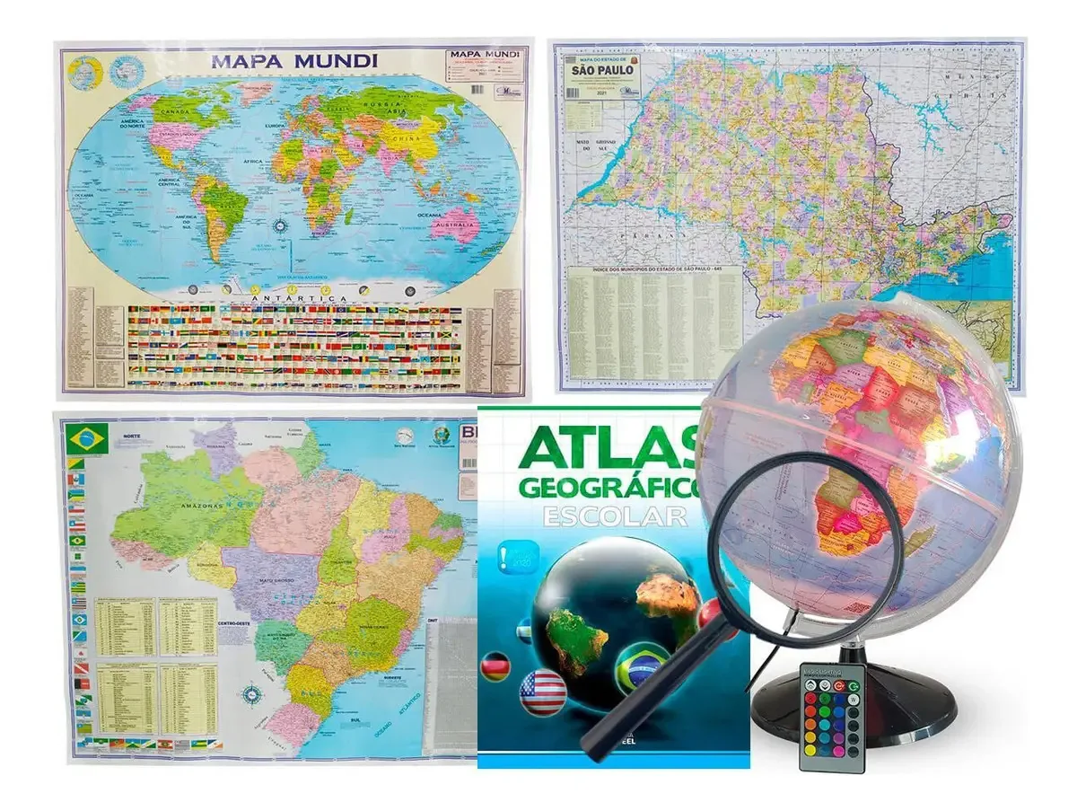 Kit Globo Terrestre Prisma Rgb 30cm + Lupa + Mapas + Atlas