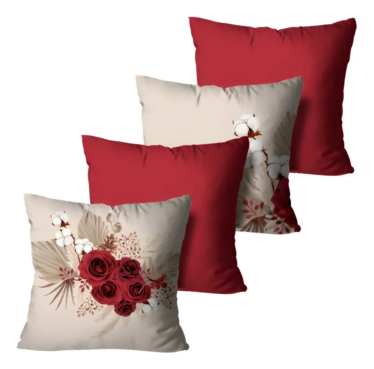 Kit 4 Capas Almofadas Decorativas Flores Boho Vermelho 45x45