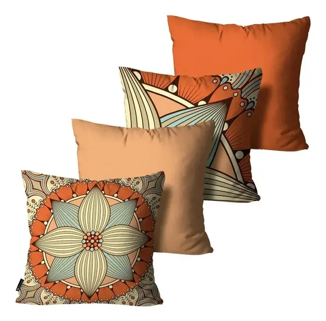 Kit Com 4 Capas De Almofadas Mandala Laranja 45x45