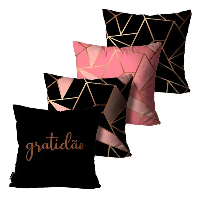 Kit Com 4 Capas Para Almofadas Abstrato Rosa E Preto 45x45