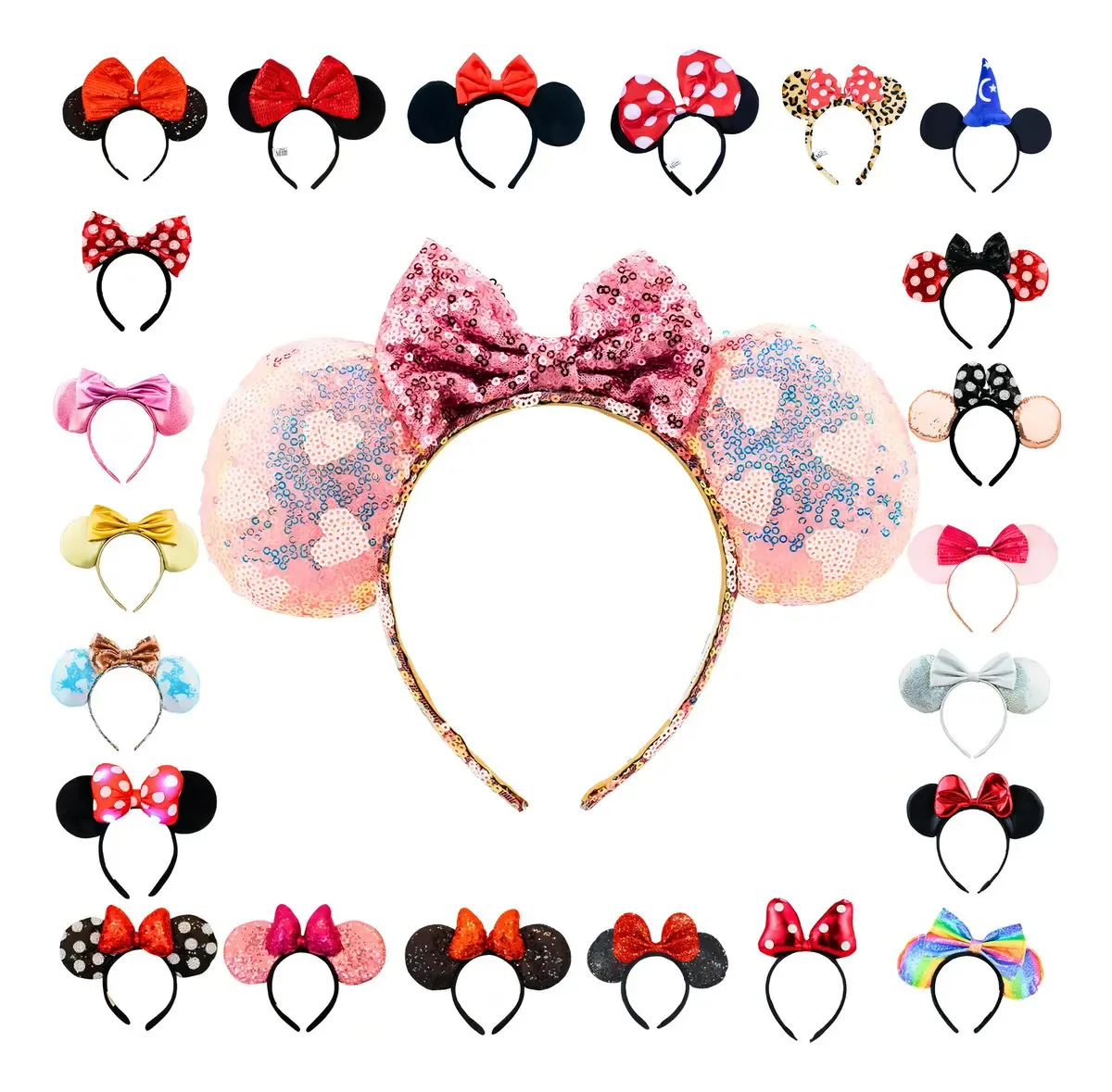 Tiara Minnie Mouse Disney Orelhas Rosa Laço Roxo Paetê Pelúcia