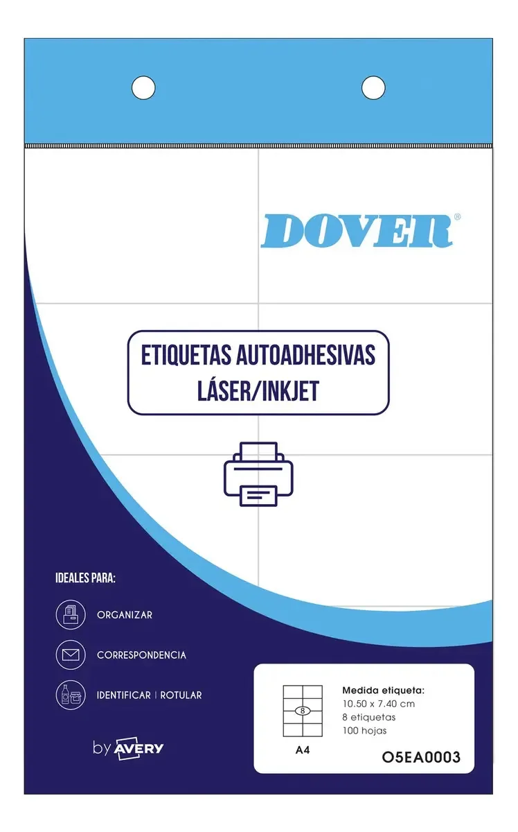 Etiquetas adesivas imprimíveis em A4 105x74mm Dover X 800 Un C Design impresso em cor branca O5eA0003
