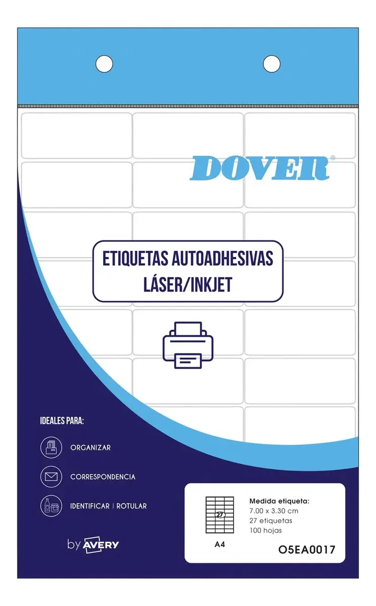 Etiquetas adesivas imprimíveis em A4 70x33mm Dover X 2700 Uni White Design impresso em cores O5eA0017