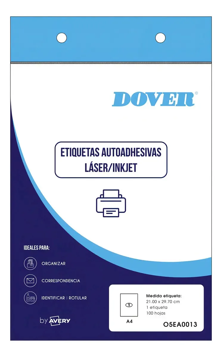 Etiquetas adesivas A4 imprimíveis 210x297mm Dover X100 Un C Design impresso em cor branca O5ea0013