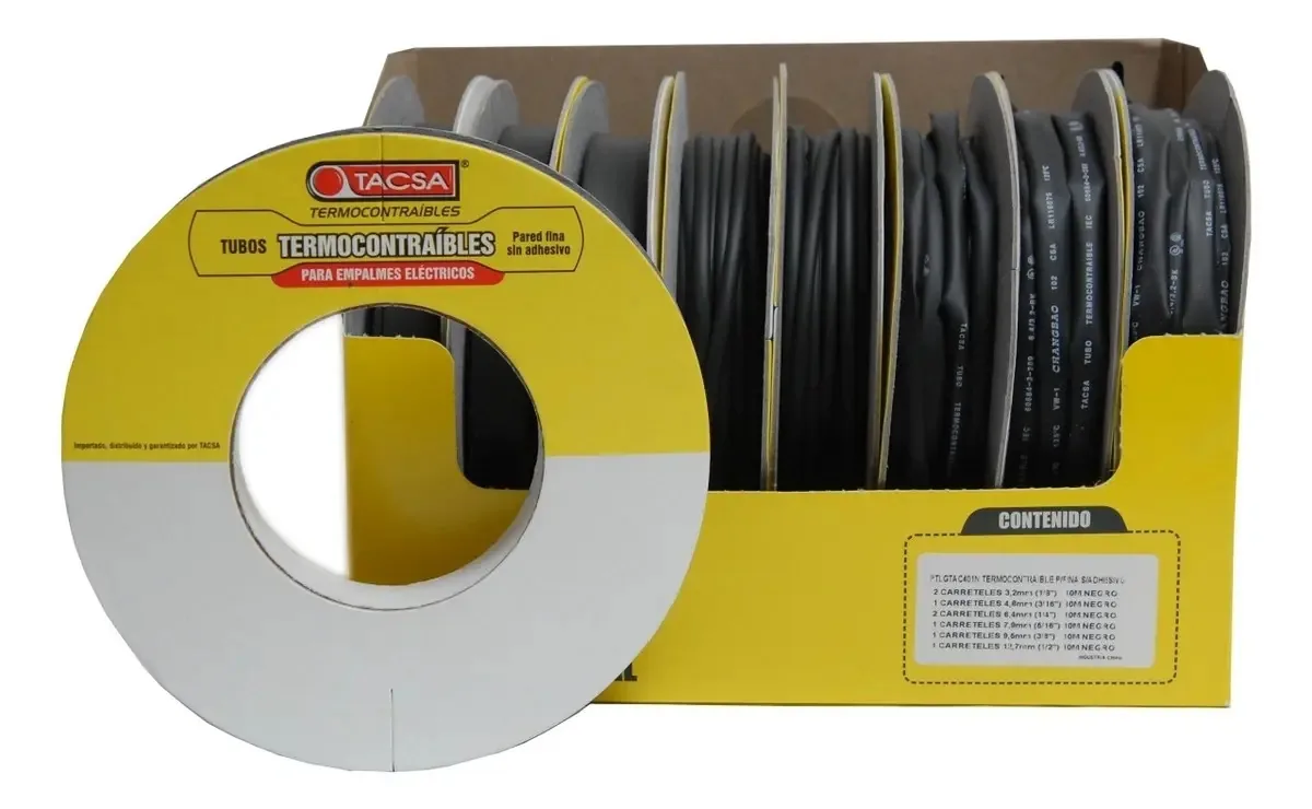 Tubo termorretrátil preto Tacsa, pacote variado, 8 rolos de 10 m