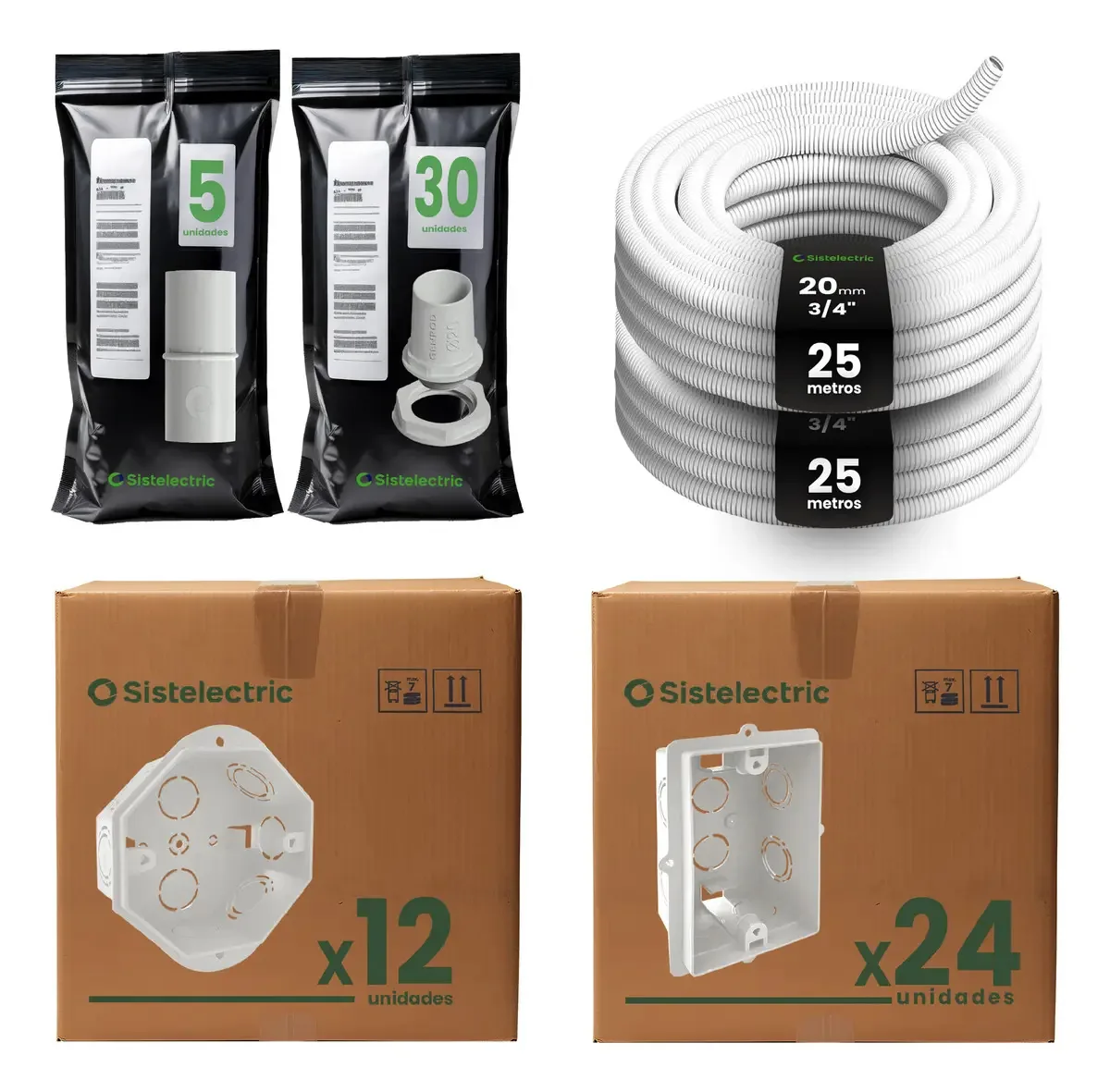 Kit de tubo corrugado para instalação elétrica de caixas embutidas 3/4