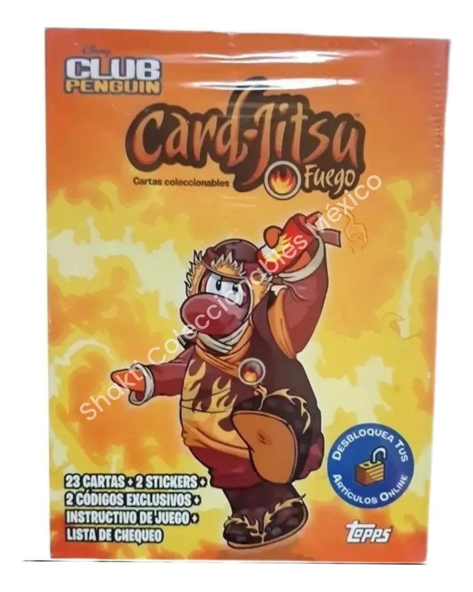 Caixa de cartas do baralho Jitsu Fuego Club Penguin com 23 cartas