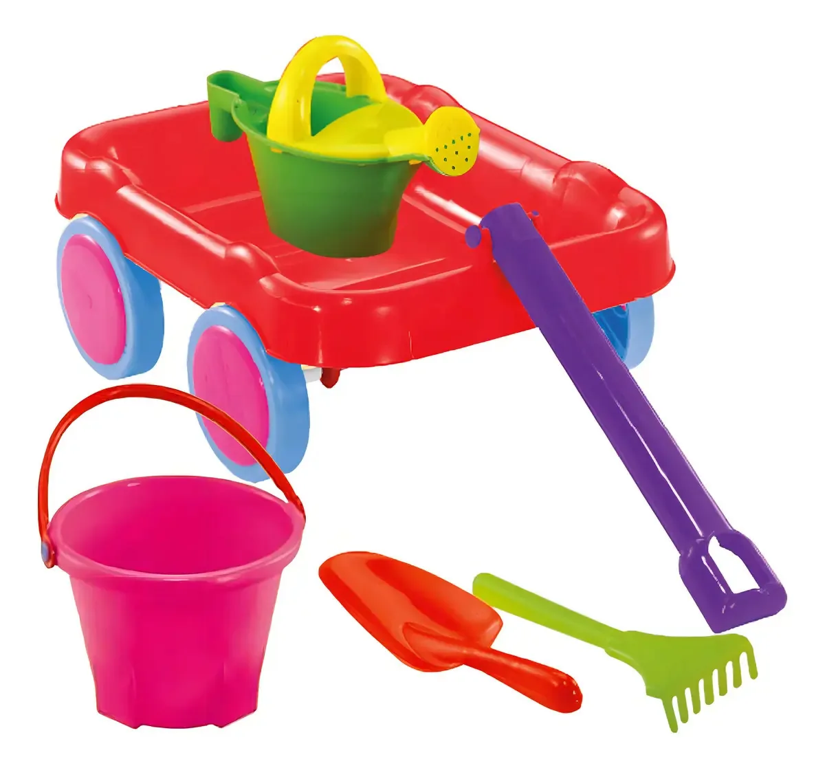 Conjunto de praia, balde, chuveiro, pá, ancinho infantil