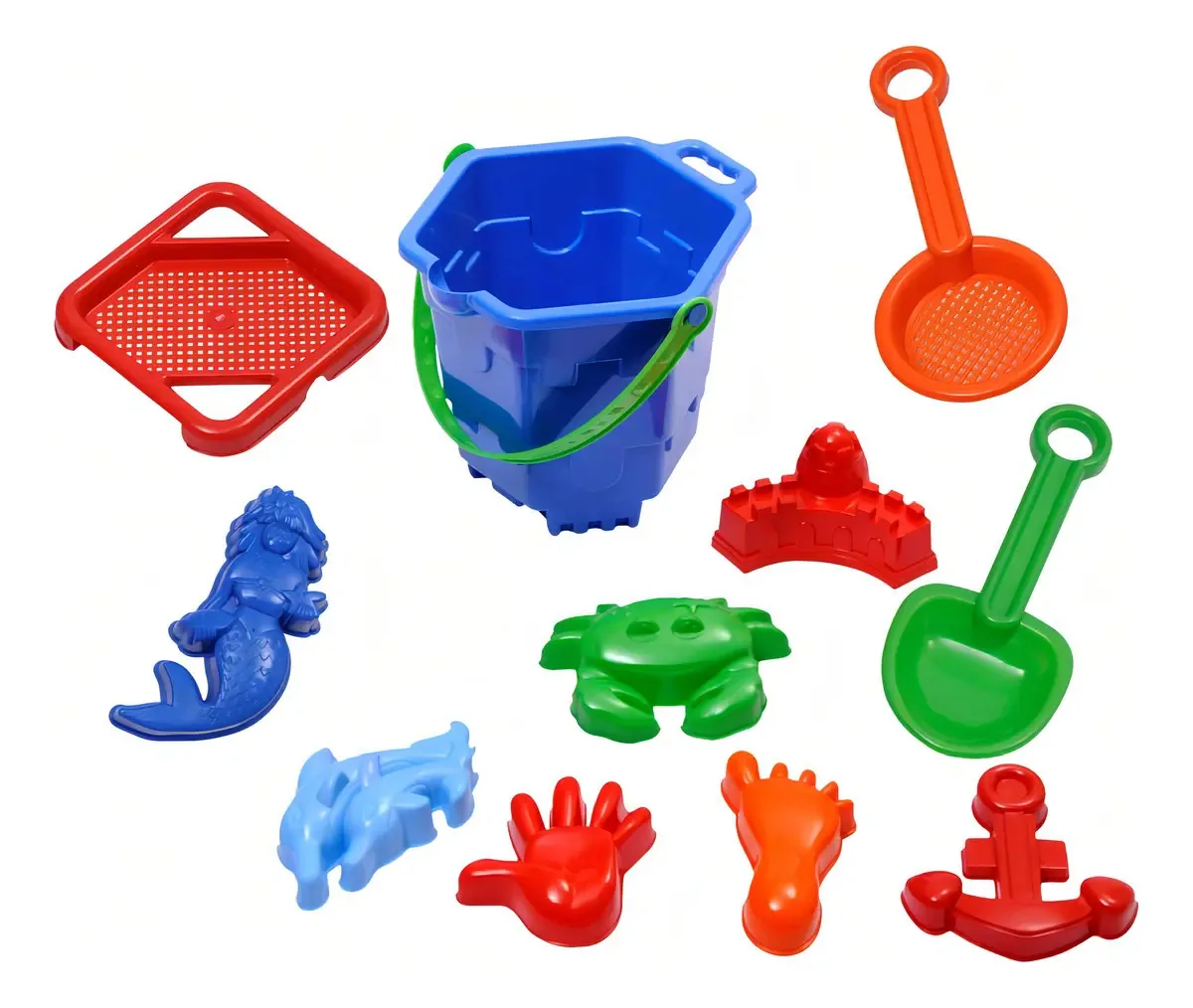 Balde de praia hexagonal e conjunto infantil de 10 acessórios premium
