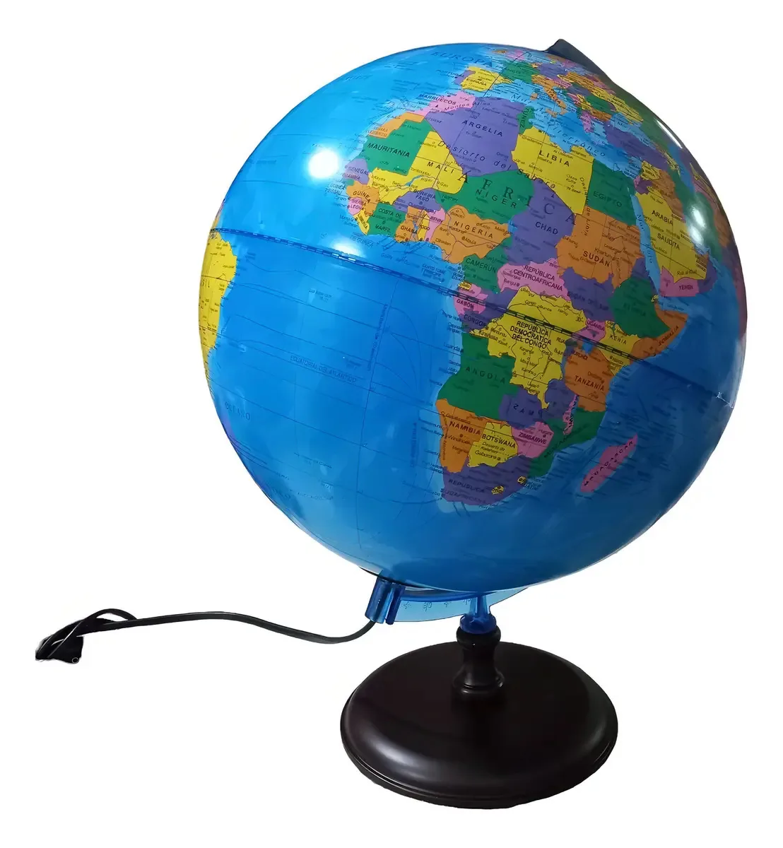 Balão de terra, 30 cm de diâmetro, base de madeira, cor da base política, cor da luz, cor marrom, cor do globo celeste