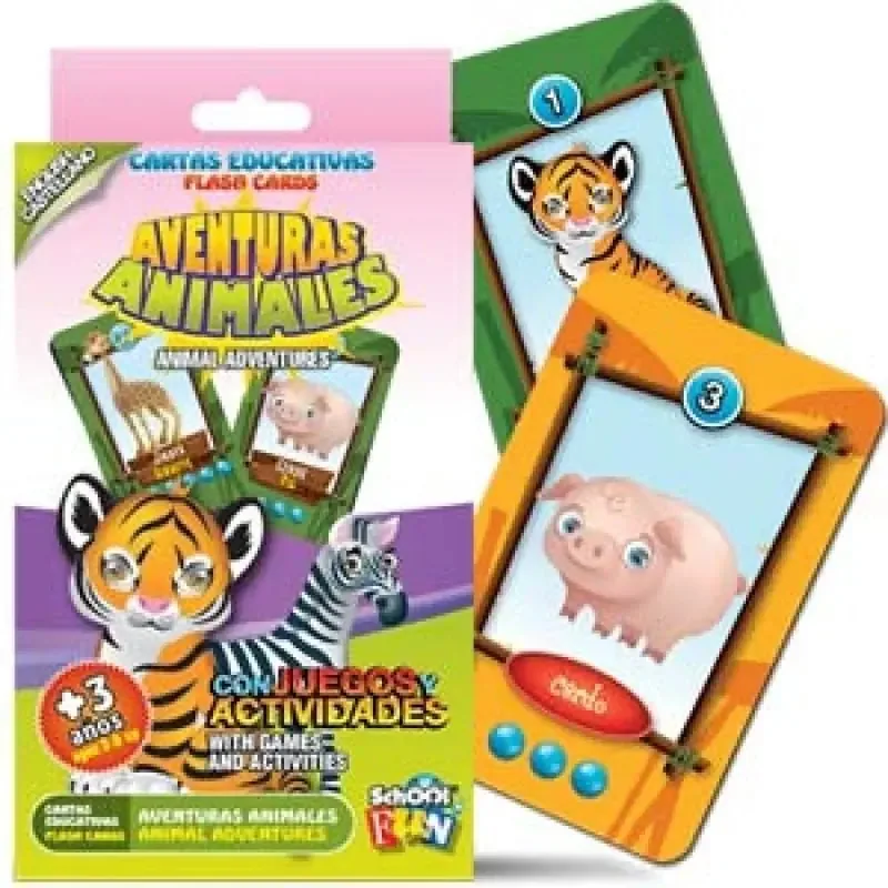 Cartões educativos de aventura animal com jogos e atividades