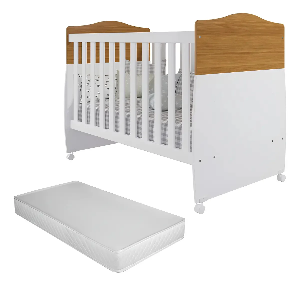 Neloja Mini Berço Estilo Americano Com Rodizios Conforto Quarto Do Bebê Elegante Moderno 100% Mdf Resistente Vira Cama Com Grade De Proteção Lateral Com Colchão Cor Branco/nature
