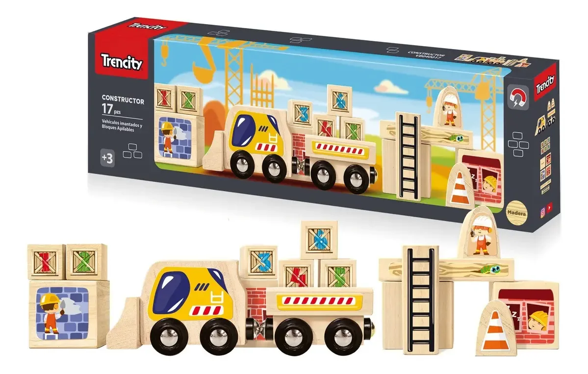 Trencity Builder com blocos e veículos de madeira