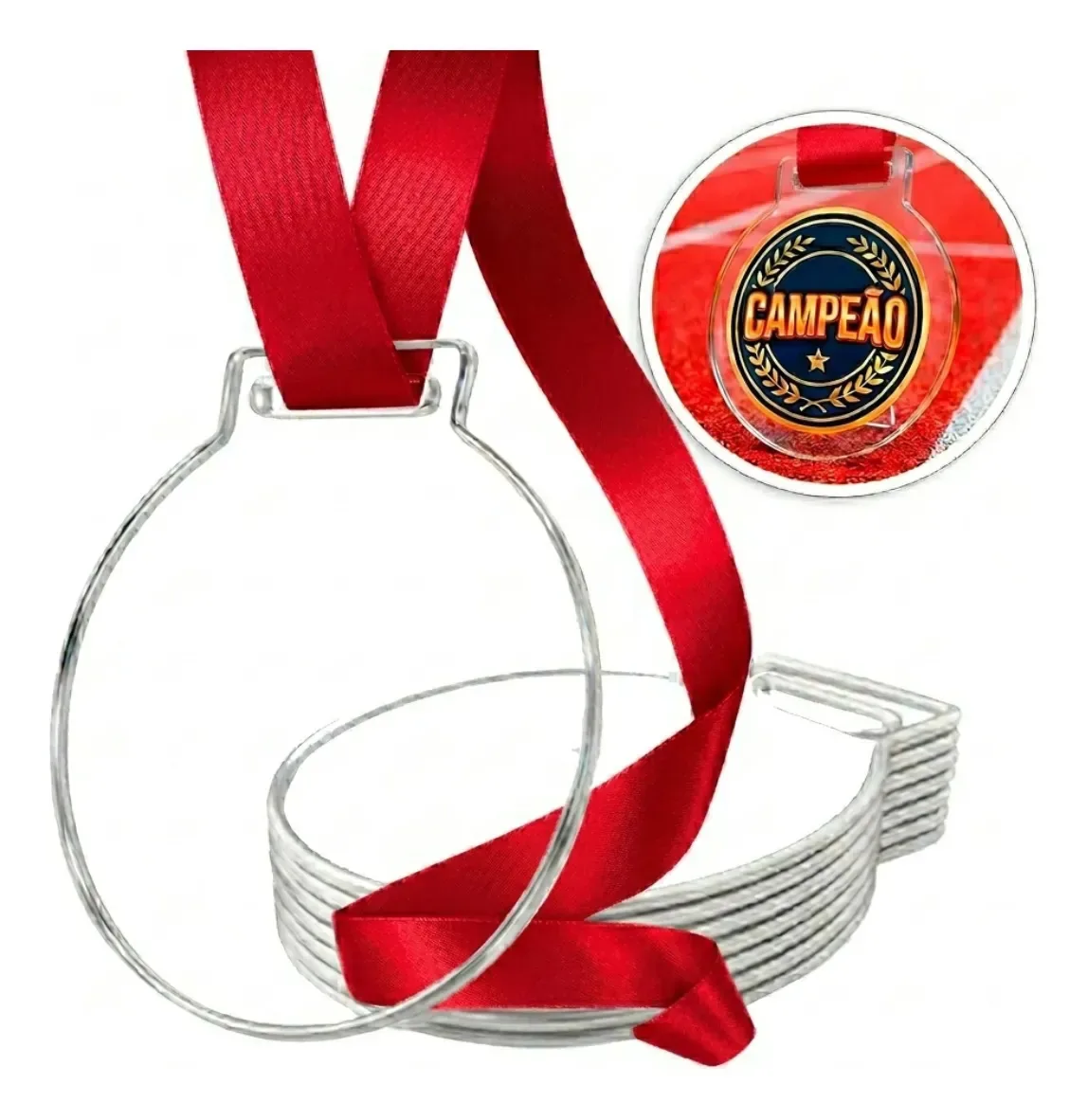 Kit 100 Medalhas De Acrílico Transparente 5cm Fita Vermelha