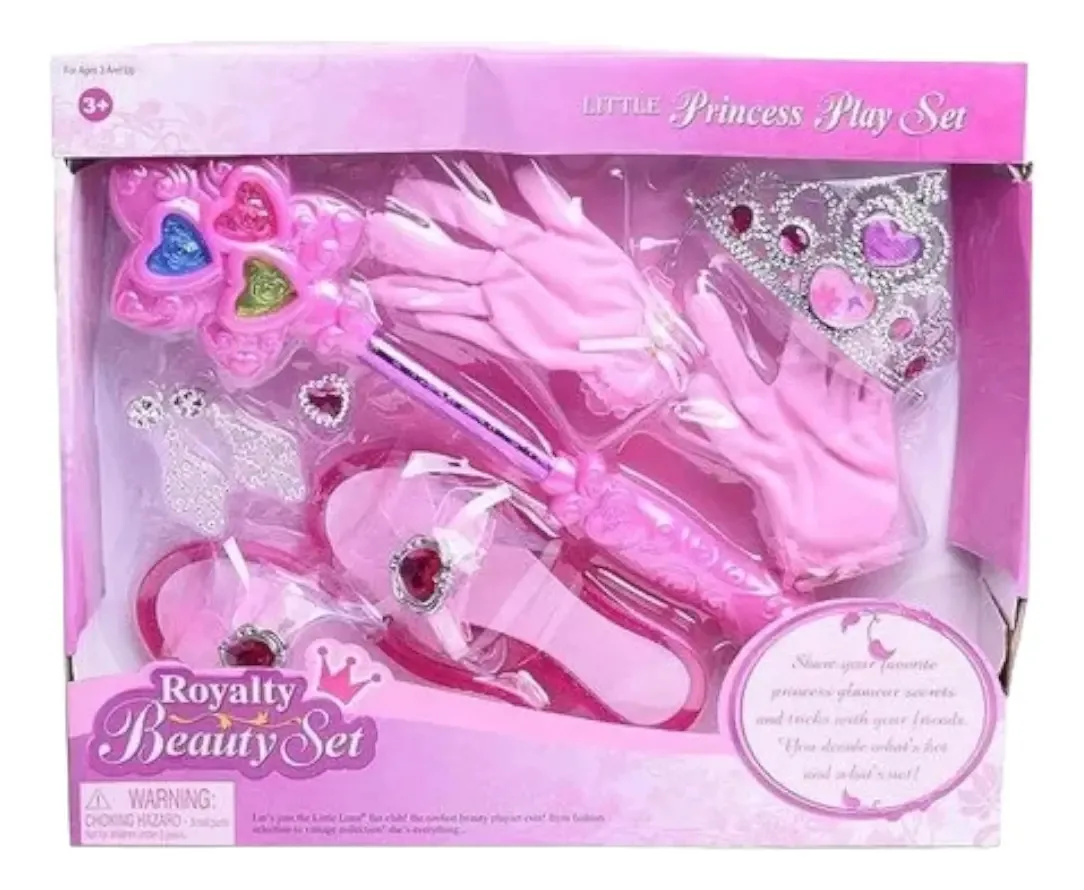 Acessórios para princesas: sapatos, varinha, coroa e luvas, rosa