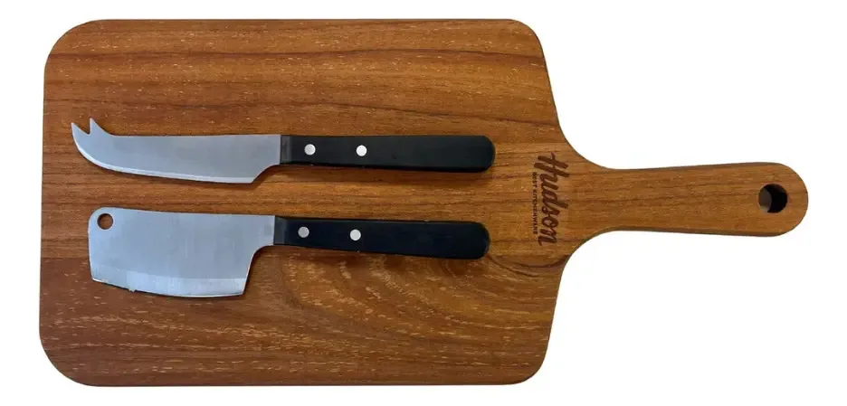 Conjunto de tábua de cortar e 2 facas para tábua de queijos Hudson, tábua de queijo marrom