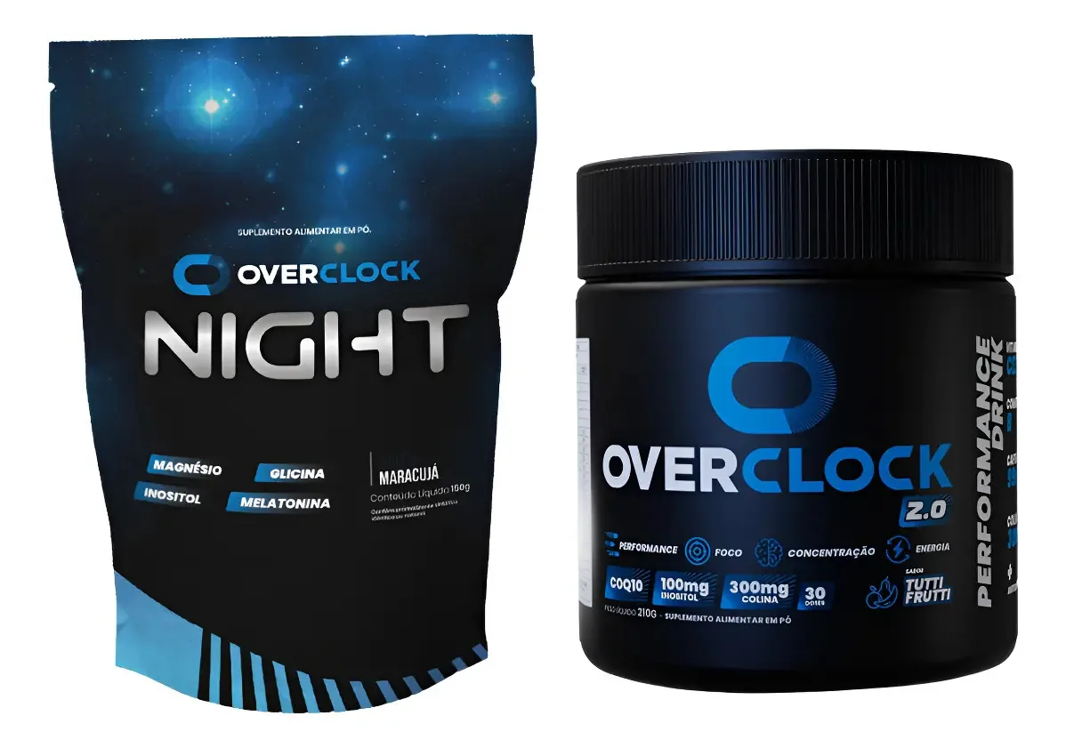 Overclock 2.0 Performance E Overclock Night Reparador Sabor Pote Tutti Frutti e Night Marcujá performance mental noite reparadora