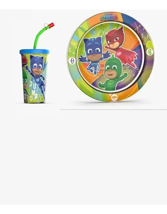 Conjunto Plato Plastico Vaso Sport Pj Masks Heroes Pijamas Color Multicolor
