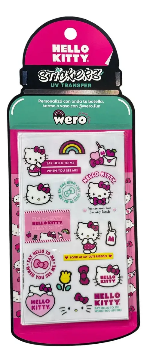Adesivos Hello Kitty Wero Pack X2, ferro, premium resistentes à água, transferência de UV, adesivos decorativos para garrafas, garrafas térmicas, copos, cadernos e pastas personalizáveis