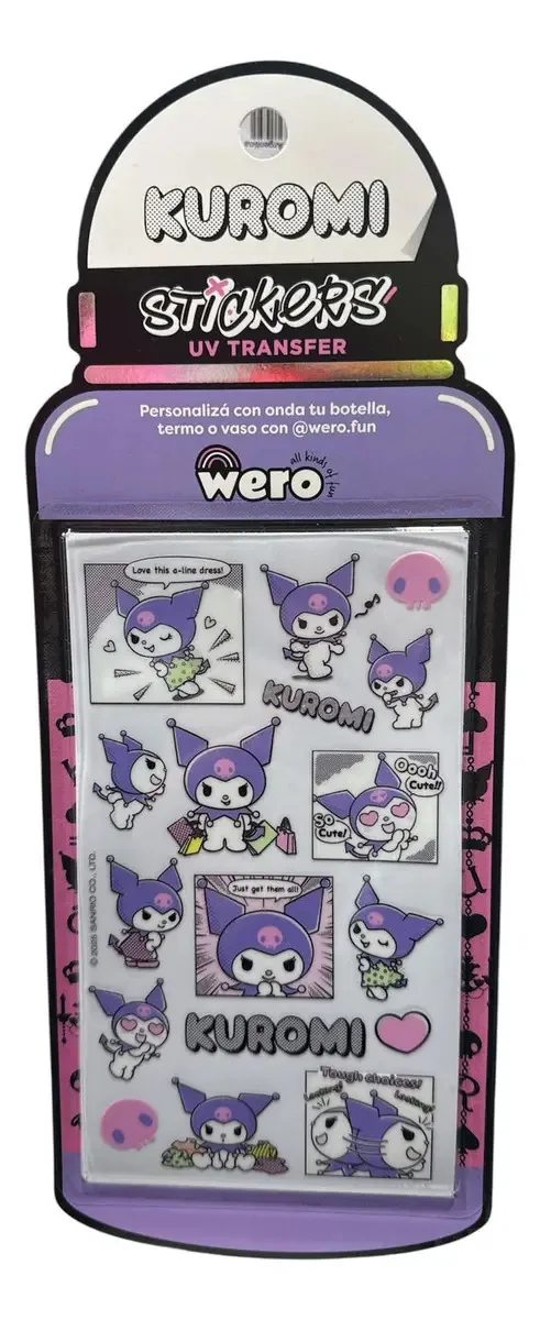 Adesivos de transferência UV Kuromi Sanrio Modelos variados personalize garrafas, garrafas térmicas e copos com adesivos decorativos divertidos e originais exclusivos da Kuromi Designs