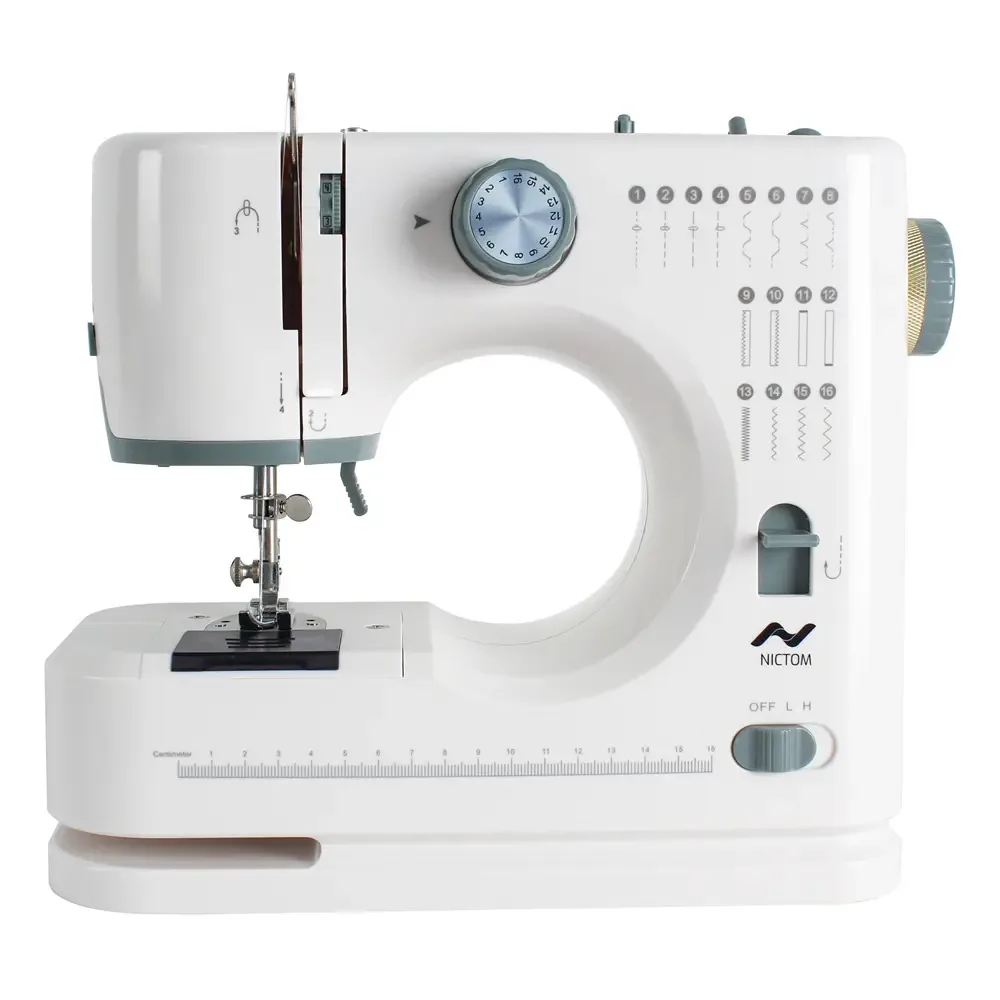 Máquina de costura de 16 pontos, agulha dupla, bobina dupla Nictom Mc09, pedal, cor clara, branco
