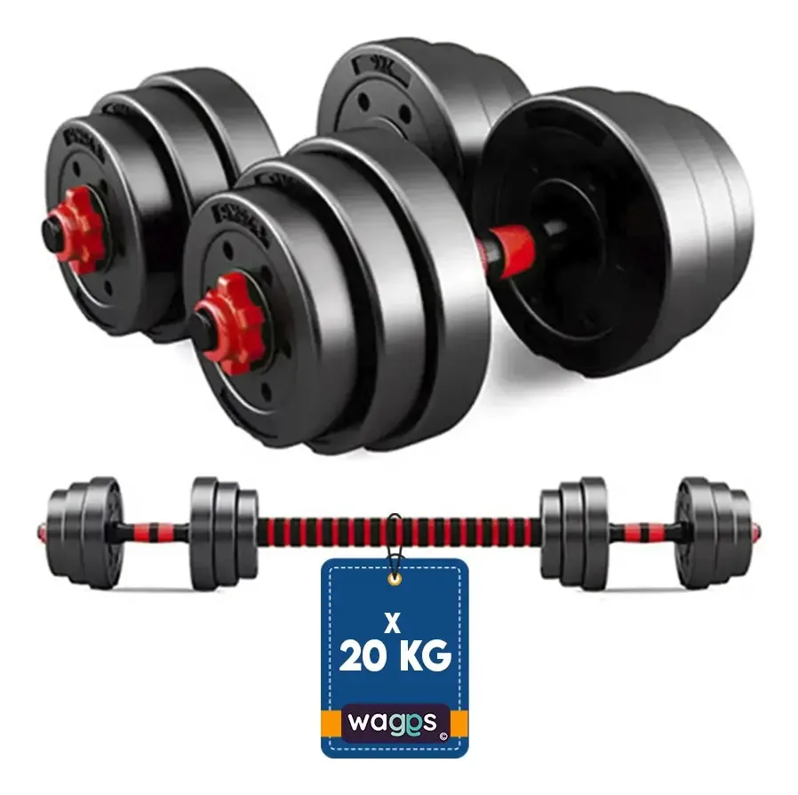 Kit de halteres e barras com tampa de rosca + discos de PVC pretos de 20 kg