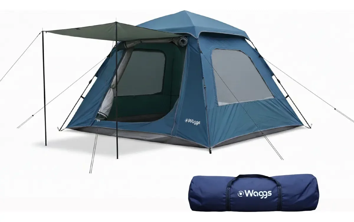 Barraca impermeável Waggs com 2 janelas e beirais azuis