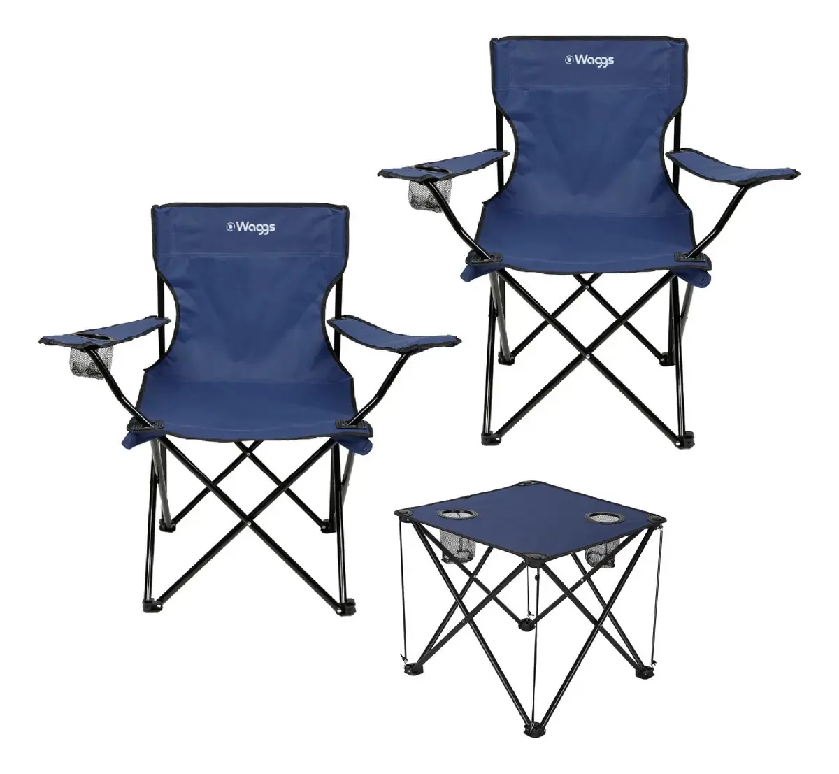 Mesa dobrável azul Camping Waggs e conjunto de cadeiras duplas
