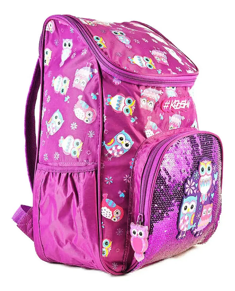 Mochila Kooshi de 17 lantejoulas com coruja multicolorida violeta