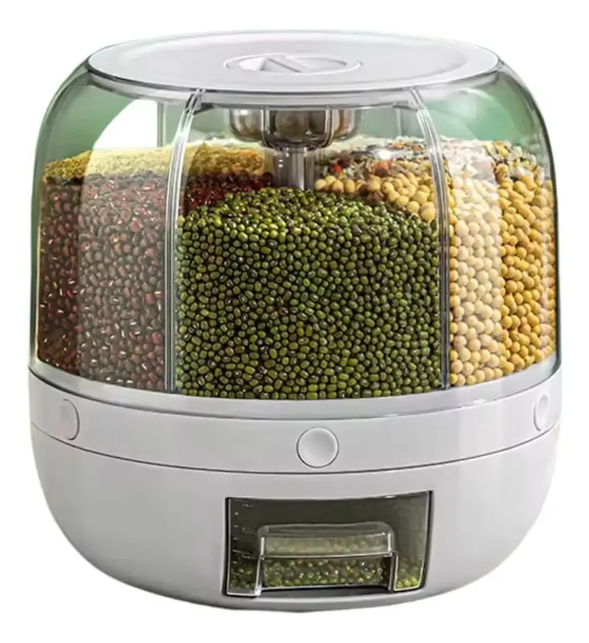 Dispensador giratório de alimentos de grãos de cereais de 6 espaços transparente e branco