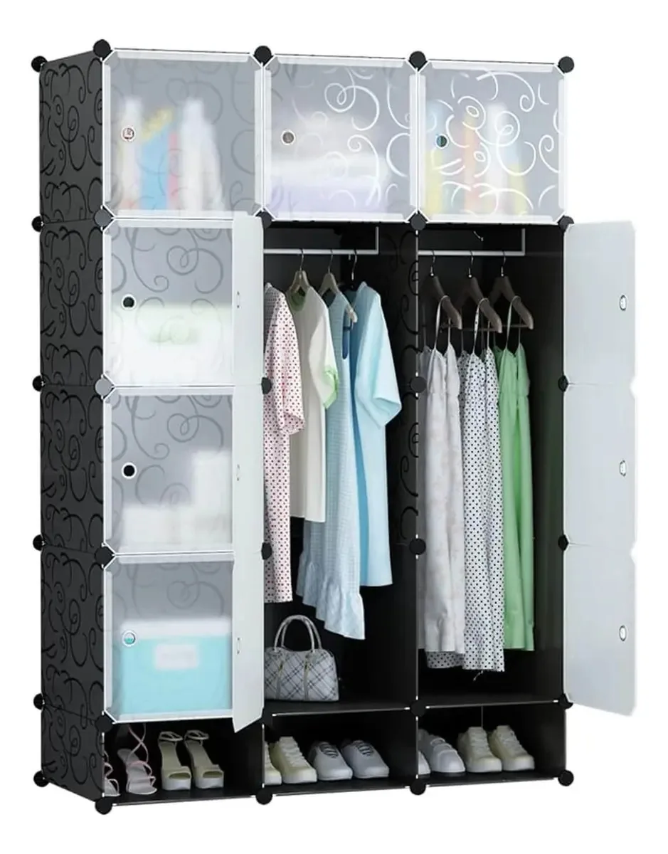 Placard, guarda-roupa, prateleiras, roupas, móveis, 163,5x110,5x47, pretos
