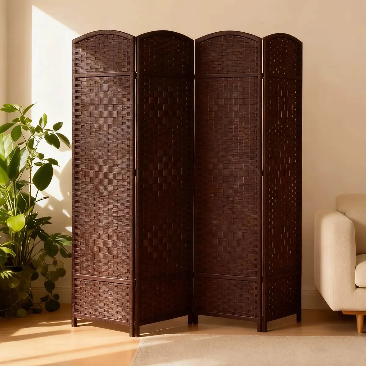 Tela divisória de quarto, 4 painéis, rattan, 180 m, marrom escuro, rattan