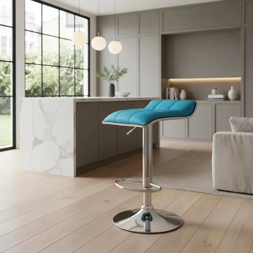 Banco de café da manhã, banquinho acolchoado ajustável, cores, acabamento da moldura: cromo, cor turquesa