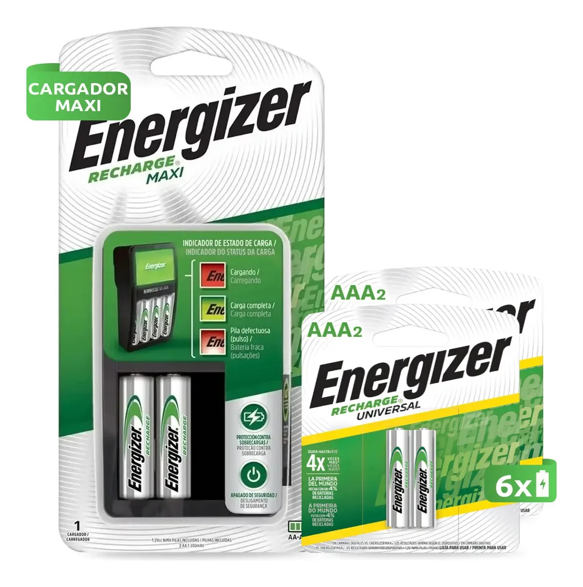 Combinação de carregadores Energizer Maxi + 2 pilhas Aa + 4 pilhas Rec Aaa