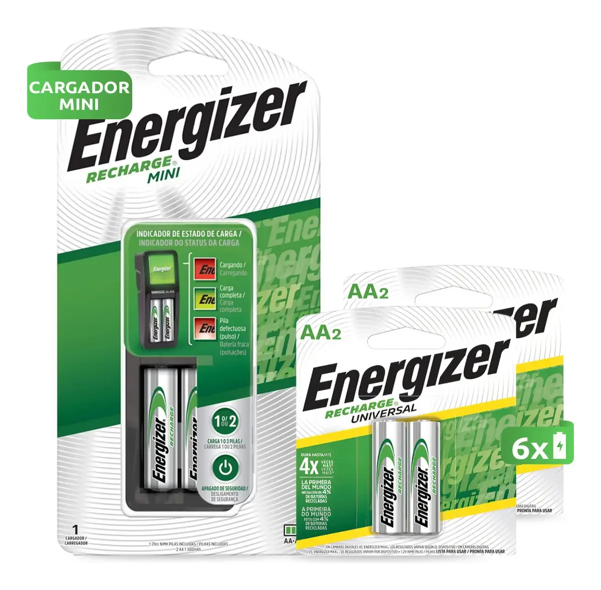 Combinação de mini carregadores Energizer + 6 pilhas recarregáveis Aa