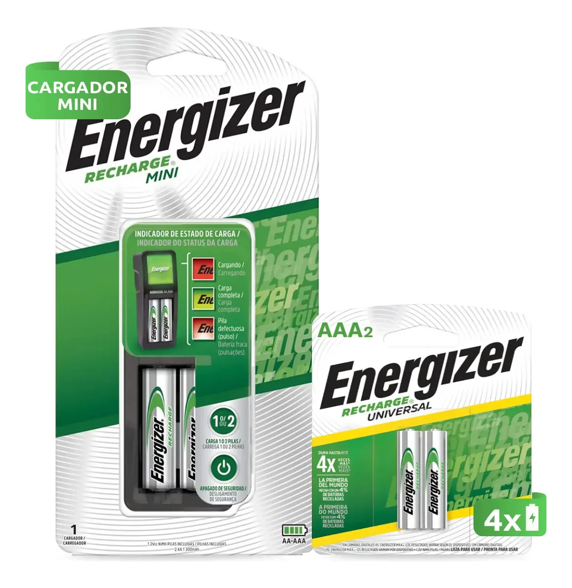 Combinação de mini carregadores Energizer + 2 pilhas Aa + 2 pilhas Rec Aaa