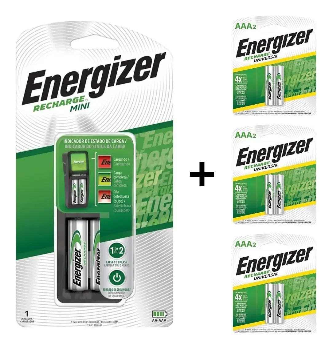 Combinação de mini carregadores Energizer + 2 pilhas Aa + 6 pilhas Rec Aaa