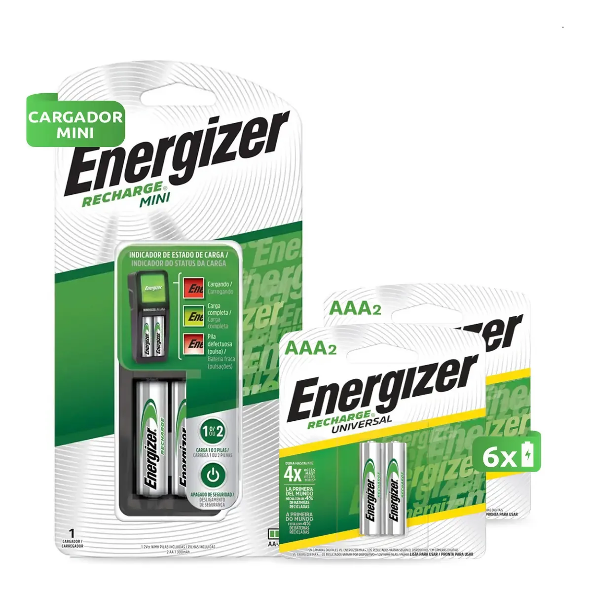 Combinação de mini carregadores Energizer + 2 pilhas Aa + 4 pilhas Rec Aaa